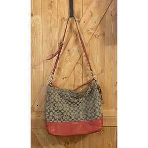 Coach Signature Park Hobo Purse Crossbody Bag Khaki Vermillion Red Style F23279